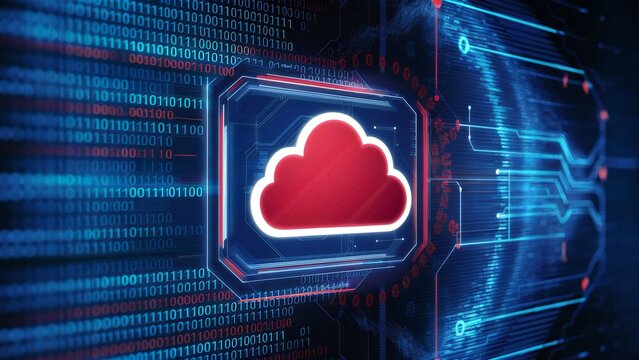 A red cloud icon set against a background of binary code, representing digital cloud computing and technology concepts.
