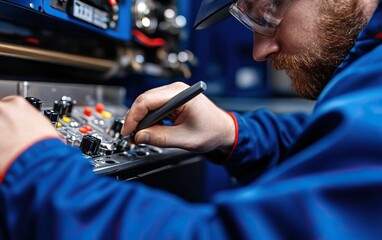 A focused technician adjusts controls on a machinery panel, wearing safety gear, showcasing precision in a technical environment.