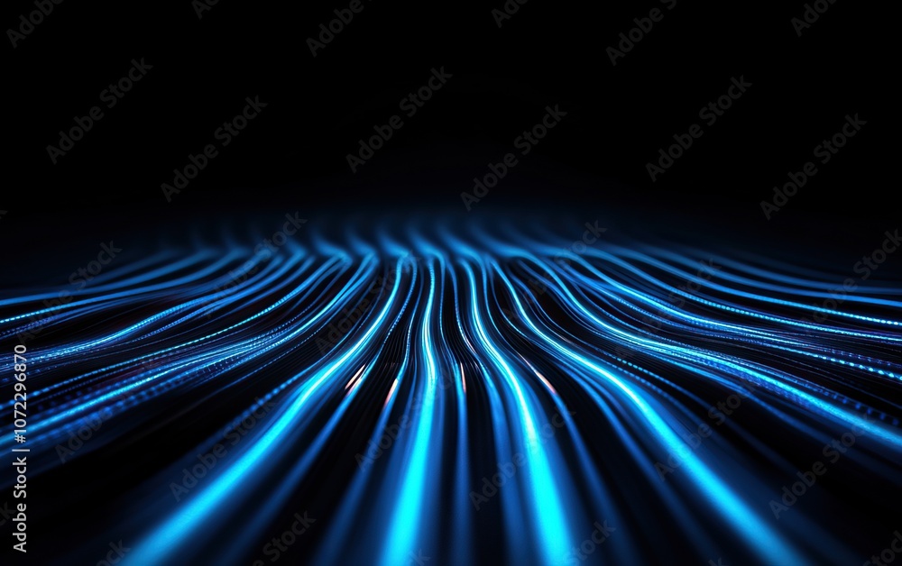 Poster a vibrant display of blue light waves against a dark backdrop, creating a dynamic and futuristic vis