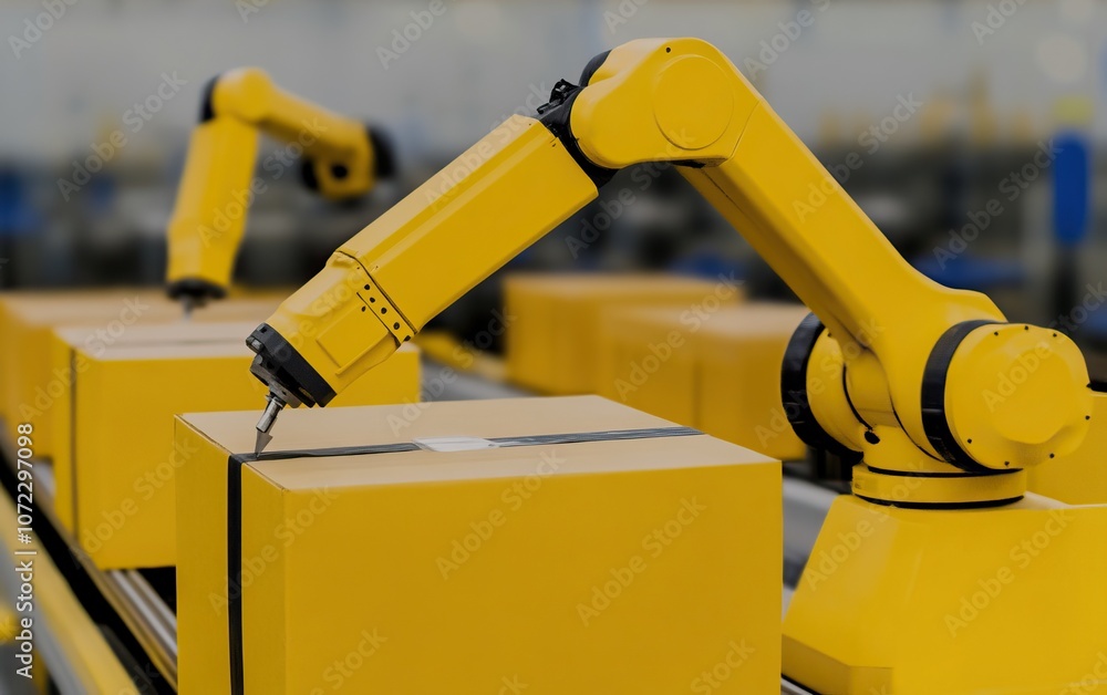Poster a yellow robotic arm is handling boxes on a conveyor belt in an industrial setting, showcasing autom
