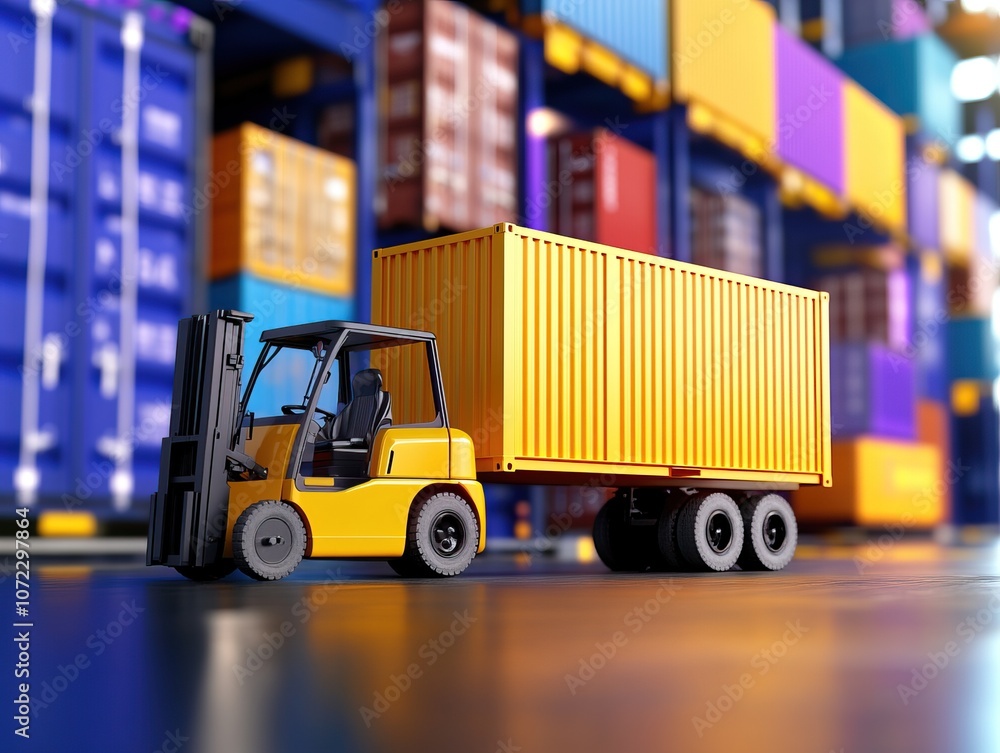 Poster a detailed view of a yellow forklift transporting a shipping container in a vibrant, industrial sett