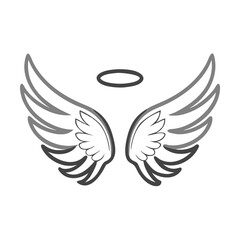 Obraz premium Angel wings and halo line drawing, Simple black and white line drawing of a pair of angel wings with a halo, symbolizing purity and spirituality. 