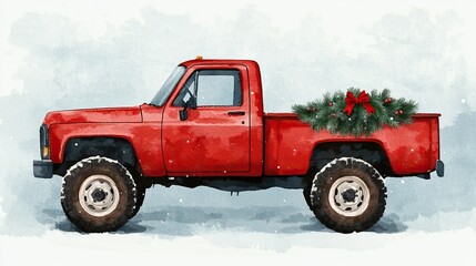 A vintage red pickup truck with a festive wreath in its bed is parked in a snowy landscape, evoking a holiday atmosphere, watercolor style