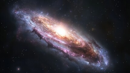 Fototapeta premium A breathtaking view of a spiral galaxy with a bright core and swirling arms, against a backdrop of distant stars.