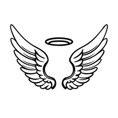 Angel wings and halo line drawing, Simple black and white line drawing of a pair of angel wings with a halo, symbolizing purity and spirituality.
