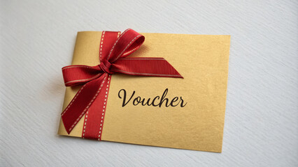 Elegant voucher with red ribbon on gold envelope