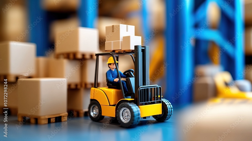 Poster a miniature forklift navigates through stacked boxes in a warehouse, highlighting logistics and effi
