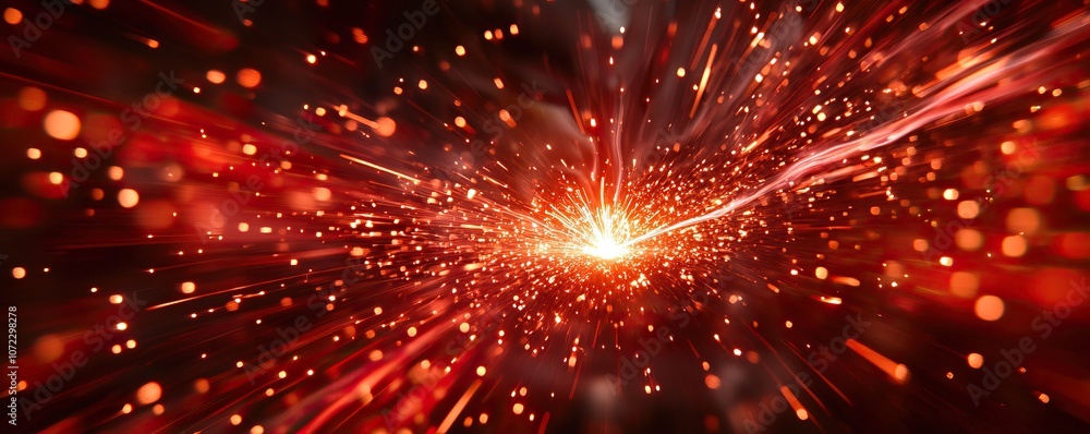 Poster a dynamic explosion of swirling red and orange particles radiates outward, creating a vibrant, energ