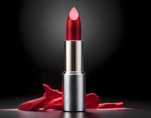 Deep red lipstick in a shiny silver tube. This elegant lipstick adds a bold and luxurious touch to any makeup look