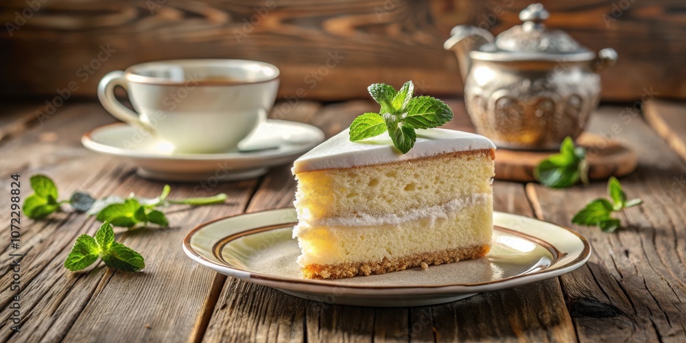Poster a single slice of white cake with a delicate layer of frosting, garnished with a sprig of fresh mint