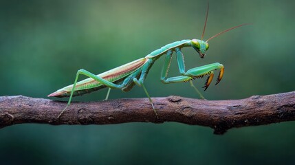 Green Praying Mantis Perched on a Branch
