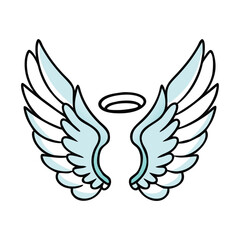 Angel wings and halo line drawing, Simple black and white line drawing of a pair of angel wings with a halo, symbolizing purity and spirituality.
