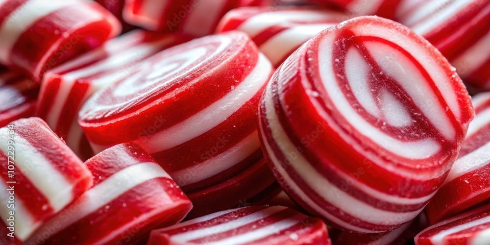 Poster a close-up of red and white swirl candy, a delicious treat with a satisfying crunch. the candy's vib