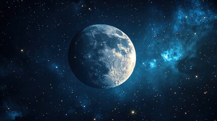 A full moon shines brightly in the night sky, surrounded by twinkling stars and a nebula.