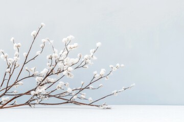 Obraz premium Snowy branches arranged against a blue background, cold season, winter atmosphere, frozen plants, nature, minimalistic winter still life