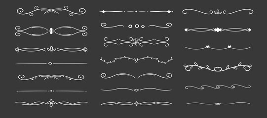 Swirl line chalk divider, doodle decorative fancy ornament border, simple hand drawn frame. Retro curve set flourish thin decorations.