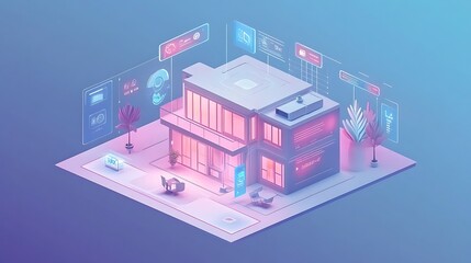 Obraz premium A futuristic building with digital interfaces and a modern design, showcasing technology integration.