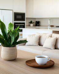 Modern Kitchen with Coffee and Indoor Plant Arrangement