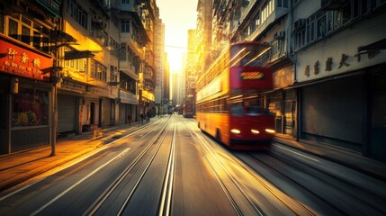 Obraz premium Bustling city street with blurred motion of a red double-decker bus in hong kong