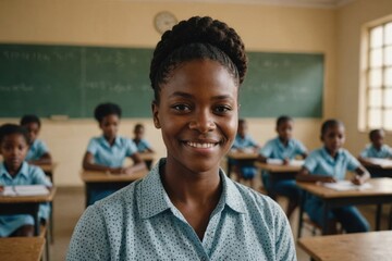 Close portrait of a smiling young Gabonese female elegant primary school teacher standing and looking at the camera, indoors almost empty classroom blurred background