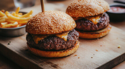 Juicy beef and cheese burger on brioche bun in a cozy warm burger joint setting