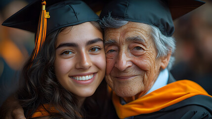 Fototapeta premium Proud male graduate hugging his grandmother during a joyful university graduation, celebrating academic success and family support on the path to achieving lifelong goals