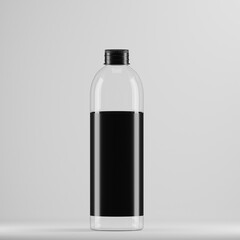 : A clear plastic bottle with a sleek black label and matching cap stands against a minimalist gray backdrop. Perfect for showcasing your beverage or product branding.