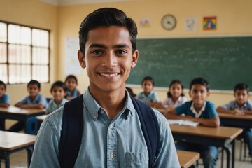 Close portrait of a smiling young Guatemalan male elegant primary school student standing and looking at the camera, indoors almost empty classroom blurred background