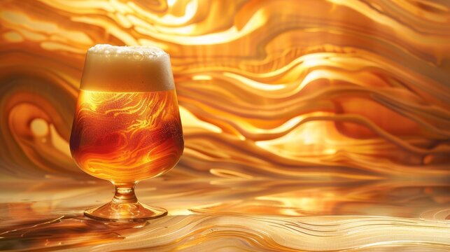 Close up of a vibrant craft beer glass surrounded by warm abstract waves evoking fusel alcohols