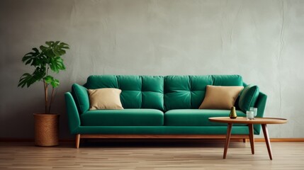 interior design concept sofa with green upholstery coffee table with wooden surface on beige wall background 