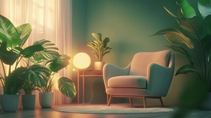 Living room interior with green plants, armchair and glowing lights. 