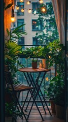 Fototapeta premium Cozy Balcony Oasis with Bistro Table and Plants