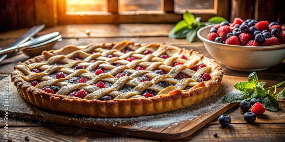 Poster a freshly baked berry pie with a lattice crust dusted with powdered sugar, sitting on a rustic woode