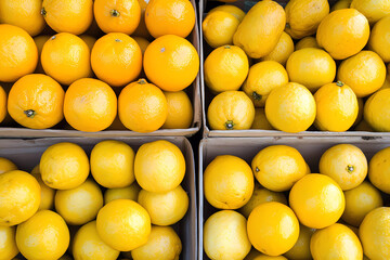 Freshly stacked yellow citrus fruits displayed for sale at a market in bright sunlight