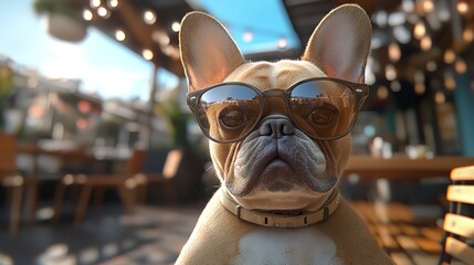 A Cute French Bulldog Wearing Sunglasses Sitting on the Beach