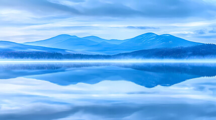 Tranquil morning mist over a serene lake reflecting distant blue mountains at dawn
