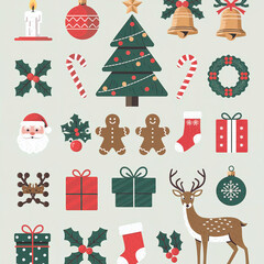 Festive Christmas Clipart Collection with Icons of Trees, Gifts, Wreaths, Gingerbread Men, Reindeer, Bells, and Ornaments for Holiday Designs