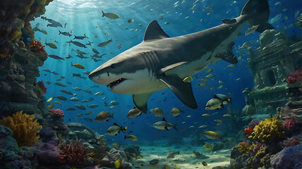 Obraz premium Majestic Megalodon in Atlantis Lost City Surrounded by Sharks