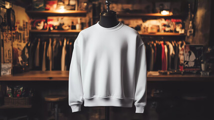 Obraz premium A white sweatshirt displayed on a mannequin in a retro clothing store with warm lighting