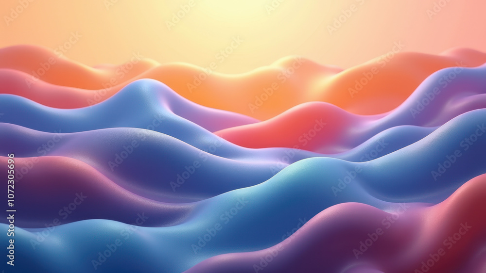 Poster vibrant abstract wavy shapes on a gradient sky background with warm tones.