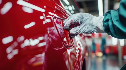 Automotive Production: A Worker's Hand Finishing a Red Car