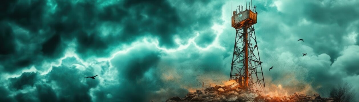 Tower standing against a stormy sky, dark clouds rolling in, watercolor style