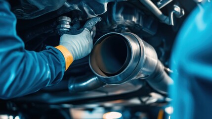 Close-Up of a Mechanic Inspecting an Exhaust Pipe