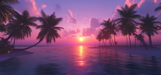 Sunset Over Palm Trees on Exotic Beach