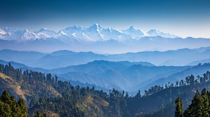 Obraz premium Majestic Himalayan Panorama, an awe-inspiring view showcasing the expansive, snow-covered peaks and valleys, capturing the serene beauty and grandeur of this iconic mountain range
