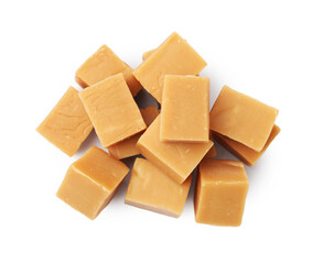 Tasty sweet caramel candies isolated on white, top view
