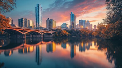 Fototapeta premium Morning Serenity, a bridge gracefully spans a tranquil river, reflecting towering buildings in still waters, capturing the calm beauty of a city awakening.