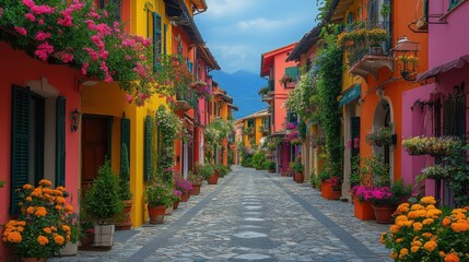 Fototapeta premium Vibrant street lined with colorful buildings and blooming flowers.