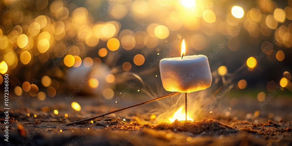 Poster a toasted marshmallow on a stick over a small fire with a bokeh background of golden light.