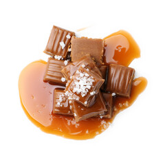 Tasty candies with salted caramel isolated on white, top view